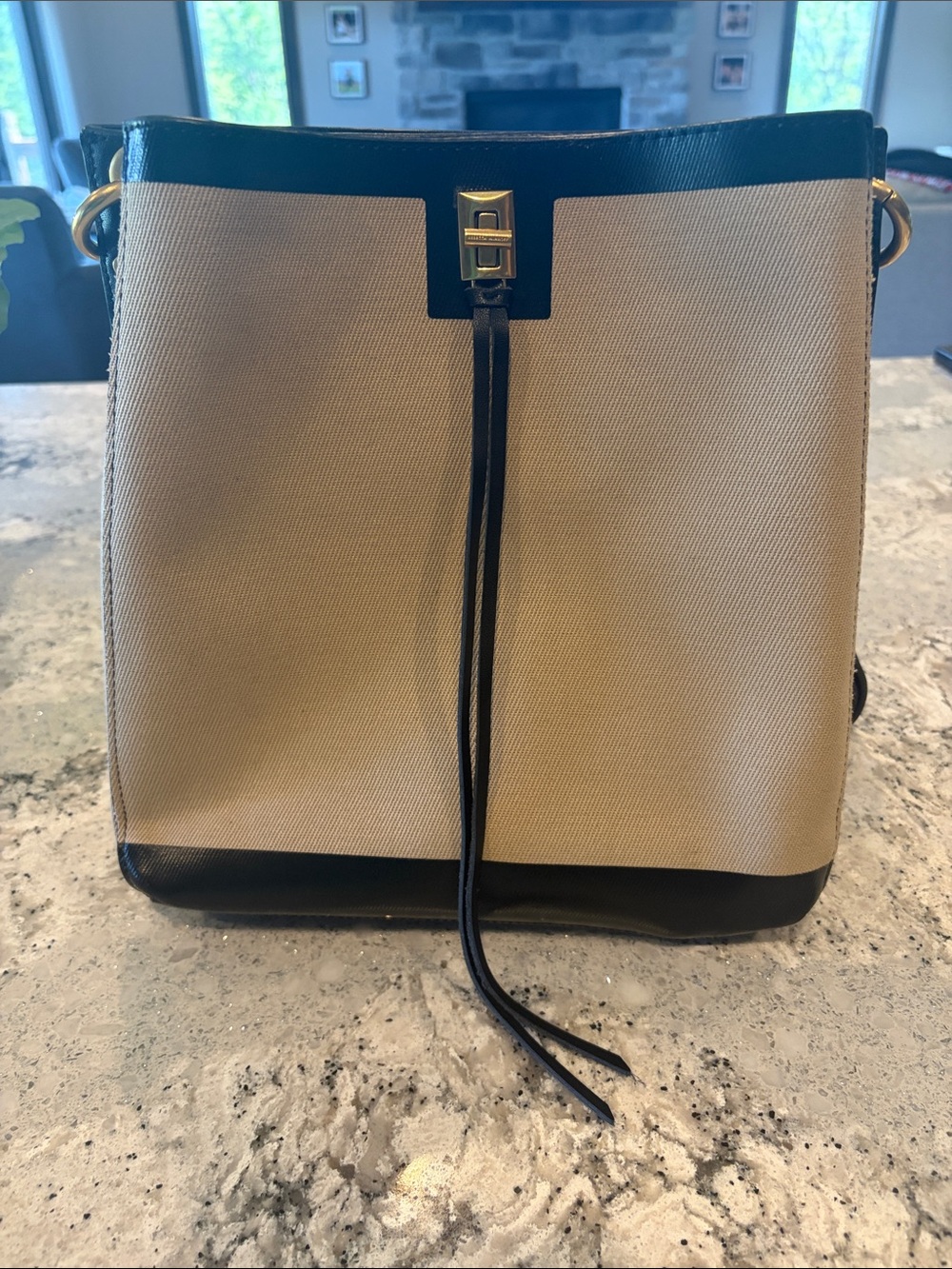 Rebecca Minkoff Darren Beige and Black Canvas Bucket Bag